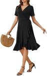 MIDNIGHTSUN Women's Wrap Dress V Neck Short Sleeve Waist Tie Ruffle Split Midi Casual Dress, Black, Small