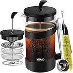 YiiMO French Press Coffee Maker, 34 Oz Large Vycor Glass Pitcher 4 Level Filter System Café Carafe Tea Pot with Stainless Coffee Spoon and Cleaner Brush for Hot or Cold Brew