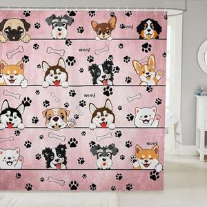 Cartoon Puppy Waterproof Bath Curtains with 12 Hooks Suits for Bathtub,Paw Print Pink Shower Curtains,Cute Dog Pet Animals Bathroom Curtains,78 Inch Long