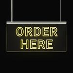 Lighted LED Order Here Sign Color Changing Bright Glowing Light Sign Hanging from Ceiling Mount Sign for Retail Store, Bar, Restaurant, Food Truck, 6" x 12"
