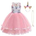 URAQT Unicorn Costume, Princess Unicorn Dress Fancy Dress with Necklace, Headband for Kids & Toddlers Birthday/Cosplay/Hallween Party,Pink 120CM