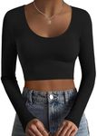 Ekouaer Long Sleeve Crop Tops for Women Scroop Neck Lightweight Basic Base Layer Soft Thermal Undershirts Shirts Black S