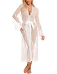 RSLOVE Women Lace Lingerie Sexy Kimono Long See Through Robe Mesh Nightgown Sleepwear White X-Large