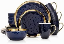 Stone Lain Porcelain 16 Piece Dinnerware Set, Service for 4, Blue and Golden Rim, Dark Blue