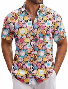 COOFANDY Hawaiian Shirt Men Short Sleeve Floral Printed Beach Shirts Casual Button Down Shirt with Pocket Black Sunflower