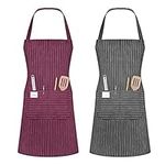 Vicloon Unisex Adjustable Bib Apron, 2 Pcs Apron with 2 Pockets Cooking Kitchen Chef Aprons, Women Men Aprons for Home Kitchen, Restaurant, Coffee house (Wine Red/Grey)