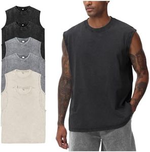 Yimoon Mens Tank Tops Workout Sleeveless Shirts Acid Wash Cotton Tees Loose Gym Muscle Shirts(2Black2Beige2Grey-XL)