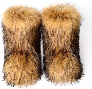 yamerbo Faux Fur Boots for Women, Fuzzy Flurry Furry Leg Warm Boots, Winter Mid-Calf Snow Shoes, Fashion and Comfortable Outdoor Comfortable Furry Girl Boots, Brown Faux Fox Fur, 9.5