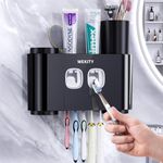 Toothbrush Holder Wall Mounted, Multi-Functional Toothbrush Holder,Toothpaste Dispenser for Bathroom with 5 Toothbrush Slots, 2 Toothpaste Squeezers and 4 Cups (4 Cup, Black)