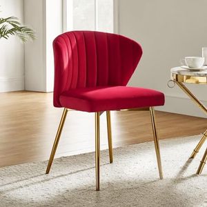 HULALA HOME Velvet Dining Chairs, Modern Small Armless Accent Chair with Gold Metal Legs, Living Room Upholstered Cute Side Chair, Elegant Tufted Back Vanity Chair for Bedroom/Beauty Room-RED