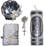 San Rafael Arcangel Catholic Baptism Kit with Towel Candle Rosary and Metal Shell for Boys and Girls. Handmade in Mexico for Catholic Gift and Godparents. Holy Spirit Baptism Candle Set. Kit de Bautizo