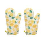 Silicone Oven Mitts Set, Cute Print Soft Cotton Lining, Waterproof, Long Flexible Oven Gloves for Cooking, Kitchen Mitt Potholders, 12in, Yellow Lemon