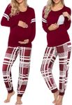 Ekouaer Materntiy & Nursing Pajamas Sets Long Sleeve Breastfeeding Pajamas with Jogger Pants for Hospital, Wine Red Plaid, Medium