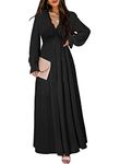 BLENCOT Women's Casual Boho Solid Color Deep V Neck Loose Long Sleeve Long Evening Dress Ruched Cocktail Party Maxi Wedding Dress Black Large