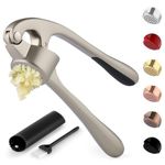 Zulay Kitchen Premium Garlic Press Set - Rust Proof & Dishwasher Safe Professional Garlic Mincer Tool - Easy-Squeeze, Easy-Clean with Soft, Ergonomic Handle - Silicone Garlic Peeler & Brush (Silver)