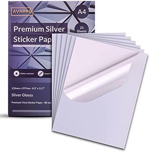 Avarrix Australia Printable Vinyl Sticker Paper for Inkjet Laser Printer, Metallic Silver Glossy, 25 Sheets, Waterproof Label Stickers, Printable Vinyl Sheets, Tear Resistant, Quick Dry, A4 Size