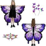 Halloween Costumes for Girls，Butterfly Wings Double Sided，Kids Fairy Wings Purple，3PCS Butterfly Costumes Set.