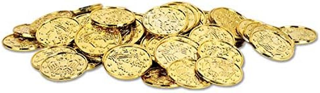 Beistle 200 Piece Plastic Gold Coins with Embossed Design Pirate Treasure Wild West Western Party Favors Fake Casino Theme Money, 1.5"