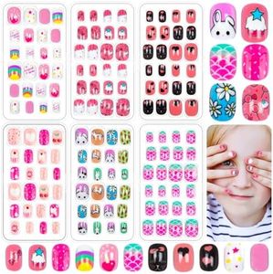 144 Pieces Fake Nails for Kids Girls Artificial Kids Press on Nails Full Cover Short Acrylic Stick On Nails False Nail Tips Kit for Children Little Girls Nail Art Decoration (Cute Pattern)