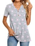 BISHUIGE Womens Henley Tunic Tops Button Up T-Shirts Short Sleeve Casual V-Neck Blouses, L, Pink Stars-Grey