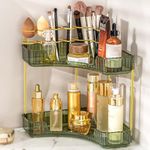 NATURE'S SOURCE Makeup Organizer for Vanity, 2-Tier Corner Bathroom Organizer Countertop with Makeup Brush Holder, Corner Counter Storage for Bathroom Dresser- Green