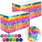 2 Packs Luau Hawaiian Rainbow Metallic Foil Fringe Tinsel Table Skirts for Rectangle Tables 6ft 8ft Streamers Backdrop for Float Parade Gay Pride Day Rainbow Birthday Party Decorations -29x108 Inch