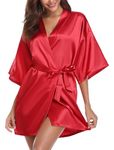 Vlazom Women Kimono Robes Satin Dressing Gown Short Bridal/Bridesmaid Robe Nightwear with Oblique V-Neck - Wine Red - M(UK 8-10)