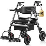 StrollAid Walkers for Seniors,Heavy Duty Rollator Walker Wheelchair Combo, 2 in 1 Rollator Transport Chair with Brakes, 450 lb Rolling Walker 10" Big Wheels for All Terrain, Grey