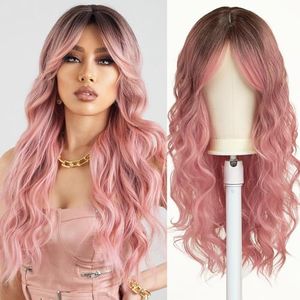 Esmee Pelucas Largas Onduladas Rosa Pálido para Mujer Peluca Ombre de Pelo Sintético Natuaral Resistente al Calor para Uso Diario en Fiestas Cosplay