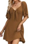 Dokotoo Dresses for Women 2024 Casual Summer Deep V Neck Wedding Guest Cute Spring Outfits Dresses for Women Fashion Casual Sexy Ruffle Elegant Bow Tie Mini Dress Brown