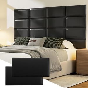 Elvone Upholstered Headboard Panels, 12 Panels Sized 7.8" x 15.7" Peel and Stick Padded Wall Panels for Kids, 3D Anti-Collision Wall Mounted Bed headboard for Full, Black