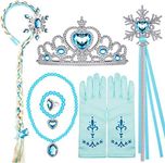 Elsa Princess Dress Up Accessories Frozen Jewelry Play Toy Set for Girls with Headband Braid Wig, Crowns, Necklaces, Wands, Rings, Bracelets Gloves Elsa Cinderella Costume Accessories