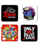 Whats Your Kick® Teacher Theme Printed Set of 4 Wooden Fridge Magnet | Teachers Day | Quotes | Kichen | Home Decor (7.6 x 7.6 -CM) D3