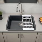 Ruhe® Smoke Grey Quartz Single Bowl 24x18x9 inches Kitchen Sink with Round Corners | Sound-Absorption and Durable Kitchen Sink | Including Sink Coupling, Waste Pipe and Vegetable Basket