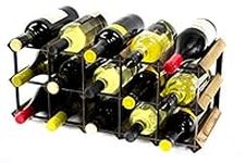 Classic 15 Bottle Walnut Stained Wood and Black Metal Wine Rack Ready Assembled