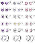 JeweBella 18 Pairs Silver Stud Earrings for Women Girls Silver Earrings Set Hypoallergenic Pink Purple Cubic Zirconia Stud Earring Set Cute Heart Hoop Earrings Jewelry Gifts