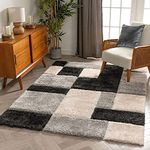 Rufruf Modern Geometric 3D Textured Thick and Soft Shaggy Rug & Galicha Carpet Mat (5x7 Feet - Medium Size M, Colour - Multicolour/Black)