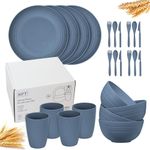 24pc Wheat Straw Dinnerware Sets for 4 Lightweight & Unbreakable Dishes Microwave & Dishwasher Safe Perfect for Camping, Picnic, RV, Dorm Plates, Cups and Bowls (Blue, 24pc Set)