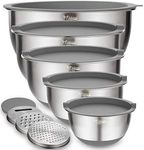 Wildone Mixing Bowls with Lids Set, 5PCS Stainless Steel Grey Nesting Bowls with 3 Grater Attachments, Measurement Marks & Non-Slip Bottoms, Size 5, 3, 2, 1.5, 0.63 QT, Great for Mixing & Serving