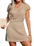 CUPSHE Women's Swimwear Cover Up Crochet Mini Dress Button V Neck Short Sleeve Beach Coverups Summer Sand,S