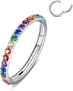 WBRWP 316L Stainless-Steel Hinged Nose-Rings-Hoop : 16G(1.2mm) Mens Body Pierecing Ring with Colorful Zircon Segment Ring Lip Rings Helix Cartilage Rook Earrings 8mm Diameter Bright Silver Color