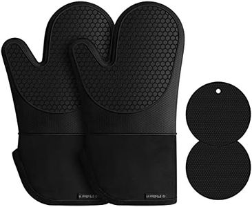 Philorn Silicone Glove Waterproof Heat Resistant Oven Mitts Non-slip with 2 Insulation Pads Long Cotton Cuffs BBQ Baking Smoking Potholders (Black)