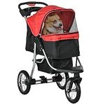 PawHut Luxury Pet Stroller Lightweight Dog Cat Travel Carriage with 3 Wheels, One-click Folding Design, Adjustable Canopy, Zippered Mesh Window Door, Red