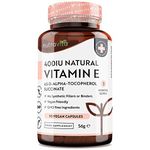 Vitamin E 400IU D-Alpha Tocopherol – 100% Natural Vitamin E – 90 Vegan Capsules – Highly Absorbable – 3 Month Supply – Protects Cells from Oxidative Stress – Made in The UK by Nutravita