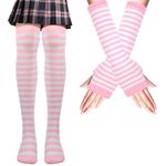 Mayoii Thigh High Socks Fingerless Gloves Set, Long Socks for Women Girls Arm Leg Warmer, Striped Knee High Stockings (Pink and White Stripes)