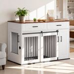 DAWNYIELD Furniture Style Dog Crate, Wooden Crate with Sliding Doors, Dog Kennel with 2 Drawers and Storage Cabinet, 2 Doors Pet Cage End Table for Medium/Large Dogs, Indoor Pet House, White