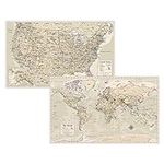Antique Laminated World Map & US Ma