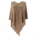 LIKIN Women Poncho Sweater V Neck Solid Knit Pullover Cape Lightweight Shawl Elegant Wrap with Fringes Gifts for Women, Camel, One Size