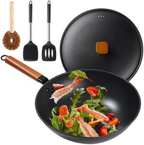 Wok Pan with Lid - 13" Nonstick Wok, Carbon Steel Woks & Stir-Fry Pans with Cookwares, Flat Bottom Chinese wok for Electric, Induction and Gas Stoves