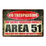 Back Rise Tin Sign Warning Area 51 No Trespassing 11.8 7.8 inches,Bar Cafe Home Oil Station Garage Kitchen Farm Countryside Vintage Retro Tin Signs,Signs for Home Decor Wall, Rectangle Metal Signs.